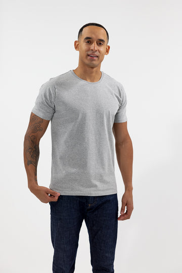 front of model wearing Easy Mondays light grey heather crew neck tee shirt