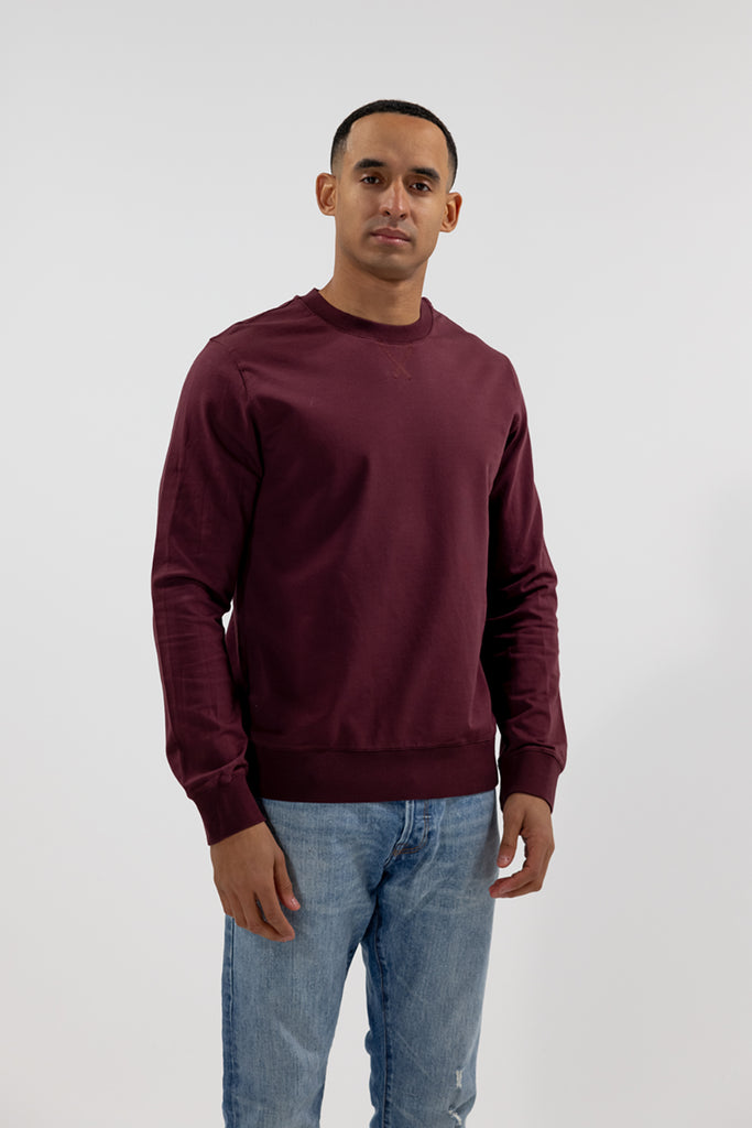 front view of model wearing Easy Mondays crew neck sweatshirt in rich burgandy purple plum color 
