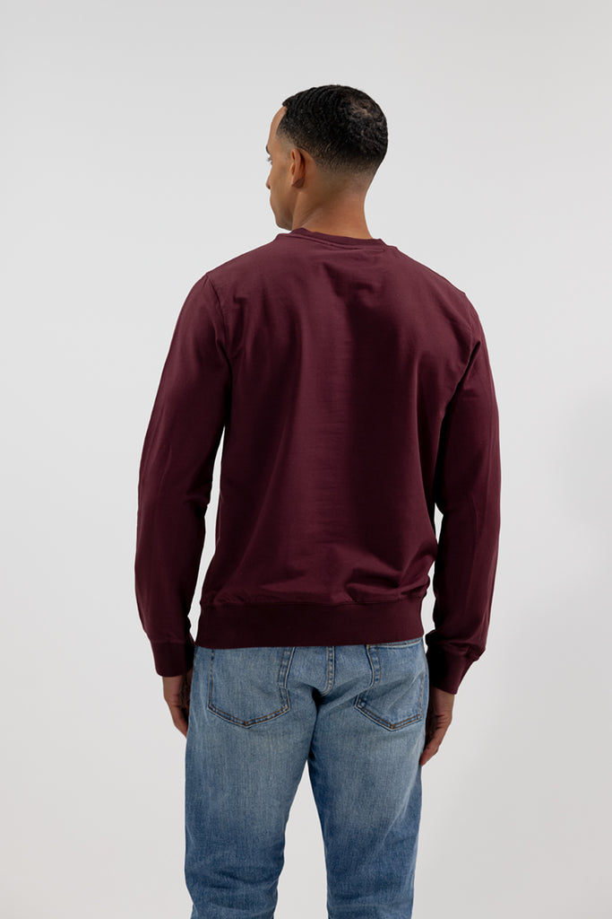 back view of model wearing Easy Mondays crew neck sweatshirt in rich burgandy purple plum color